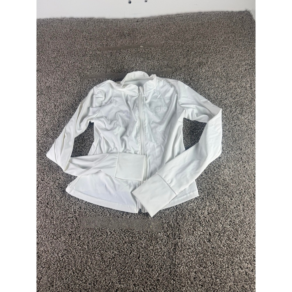 Alo Yoga Running Jacket Womens White Full Zip Activewear Logo Top Athleisure - S